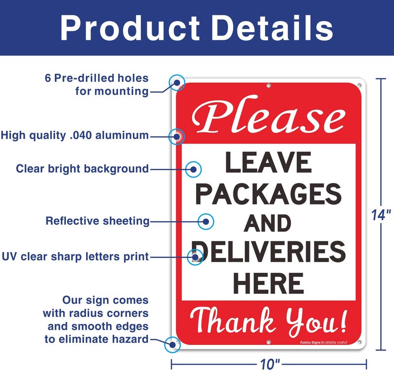 Faittoo Please Leave Packages and Deliveries Here Sign, Reflective .40 Rust Free Aluminum 14 x 10 Inches, UV Protected, Weather Resistant, Waterproof, Durable Ink, Easy to Mount - Image 2